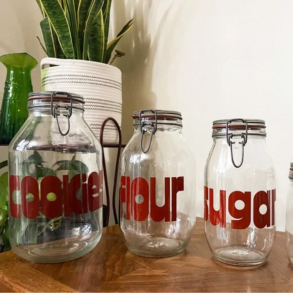 VINTAGE 60’s 70’s RARE mcm canister set block letter cookie sugar tea flour - Picture 3 of 11